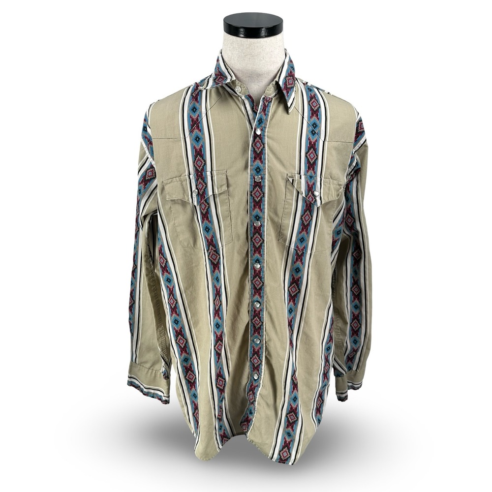 High Noon Mens Western Snap Shirt Tan Southwestern Aztec Stripe Pearl Snap Large